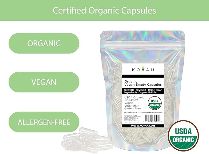 KOYAH - Certified Organic Empty Pullulan Capsules: Size 00 Vegan Gluten-Free Non-GMO Allergen Free – Ideal for DIY Supplements (500 Count)