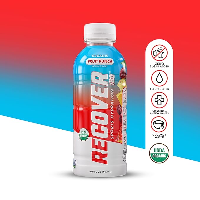 RECOVER 180 Organic Sports Hydration Drink No Sugar Added 20 Calorie Sports Beverage Organic Flavors With Vitamins Potassium-Packed Electrolytes (16.9 Fl Oz (Pack of 12) Fruit Punch)