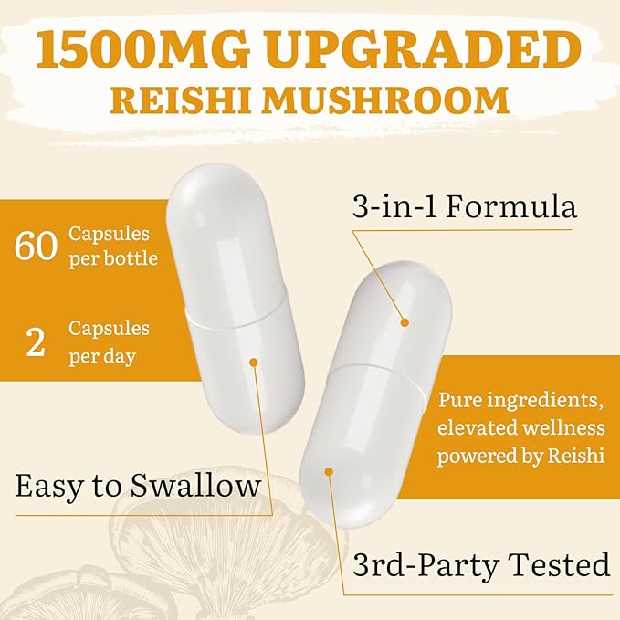 Japanese Reishi Mushroom Supplement 800mg with Reishi Mushroom Extract 500mg &amp Shell-Broken Spores 200mgOrganic Mushroom Capsules for Immune System - Real Fruiting Body (Pack of 1)