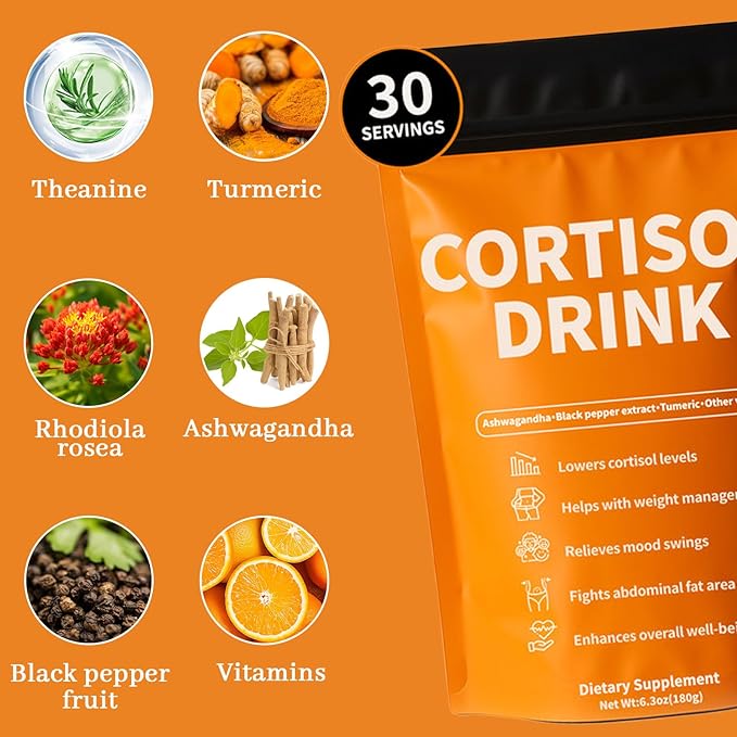 Cortisol Drink Powder | Cortisol Supplements for Women | Ashwagandha L-Theanine Turmeric Root Black Pepper Extract for Relax &amp Focus Healthy Cortisol Levels Mental Clarity Vegan 6.3oz