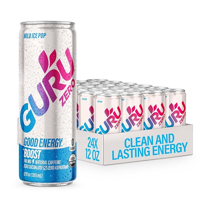 GURU ZERO SUGAR Wild Ice Pop Organic Energy Drinks Clean Energy Drink with Plant Based Natural Caffeine from Green Tea Coconut Water Prebiotic Zero Added sugars Gluten Free and Vegan Pre Workout