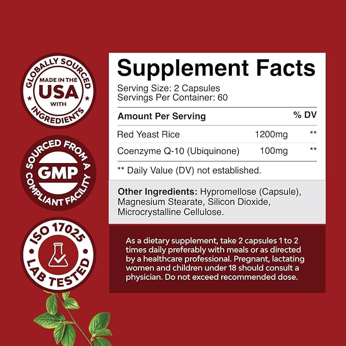 Red Yeast Rice with CoQ10 Supplement - Advanced Healthy Heart &amp Healthy Cholesterol Levels Formula for Men &amp Women - Extra Strength Capsule with Red Yeast Rice 1200 mg Capsules with CoQ10 - 12