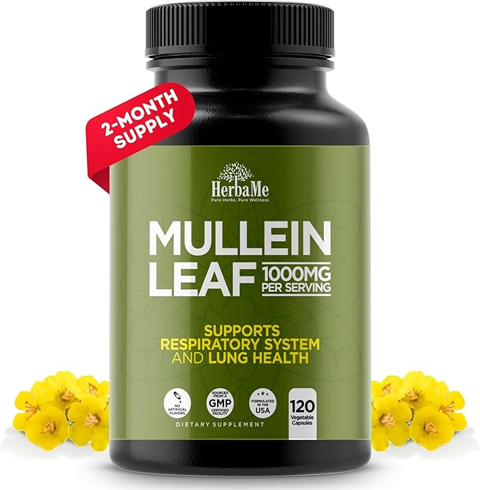 Mullein Leaf 1000mg 120 Capsules Lung Detox for Smokers Lung Cleanse Supplement Supports Respiratory Function Health Promotes Mucous Membranes | Ear Health Mucus Relief Herbal Pills