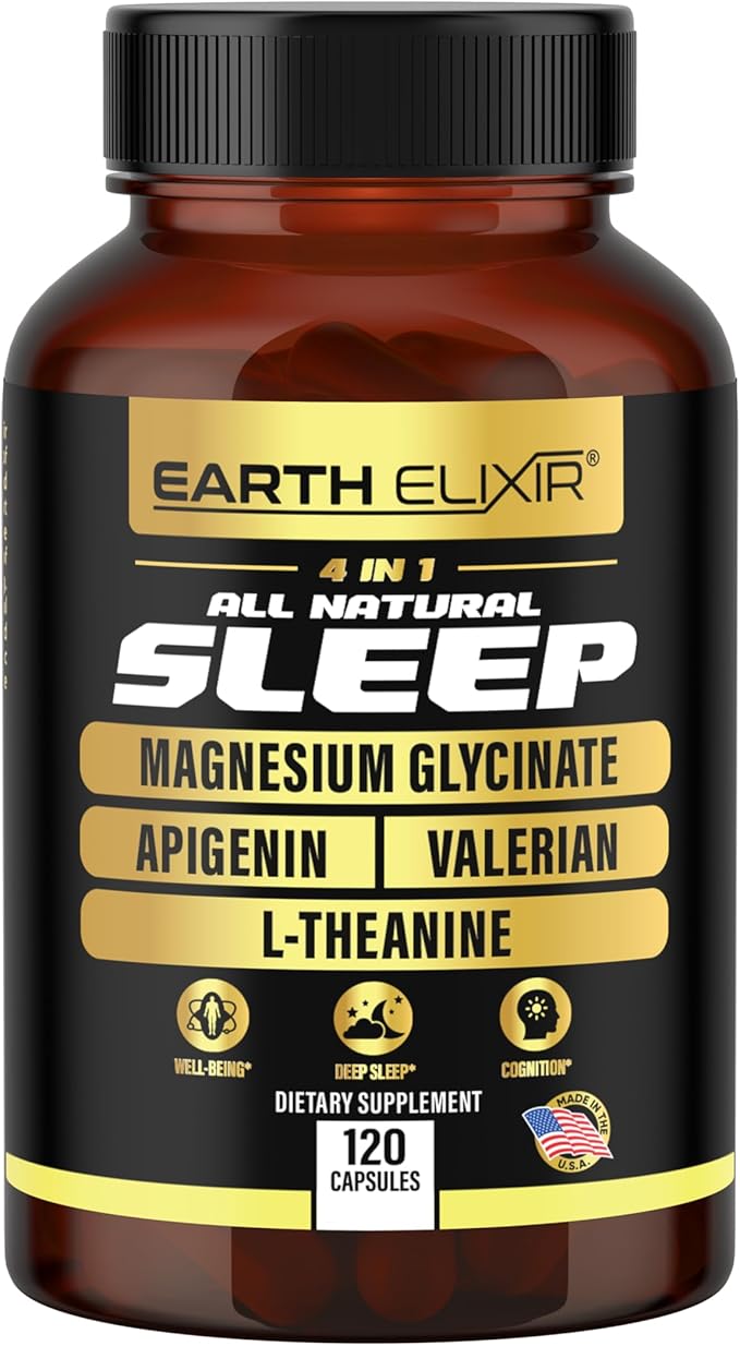 Earth Elixir 4-in-1 Sleep Aid (120 Caps) w/Apigenin 50mg Magnesium Glycinate 200mg L Theanine 200mg &amp Valerian Root for Sleep Aid 300mg | Apigenin Supplement for Sleep | Sleeping Pills