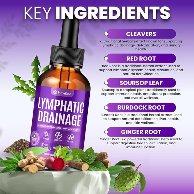 Organic Lymphatic Drainage Drops with Cleavers I Red Root I Burdock I Ginger I Dandelion I Soursop I Black Seed Oil I Ashwagandha Lymph System Support Detox - Liver Cleanse Supplement (1 Bottle)