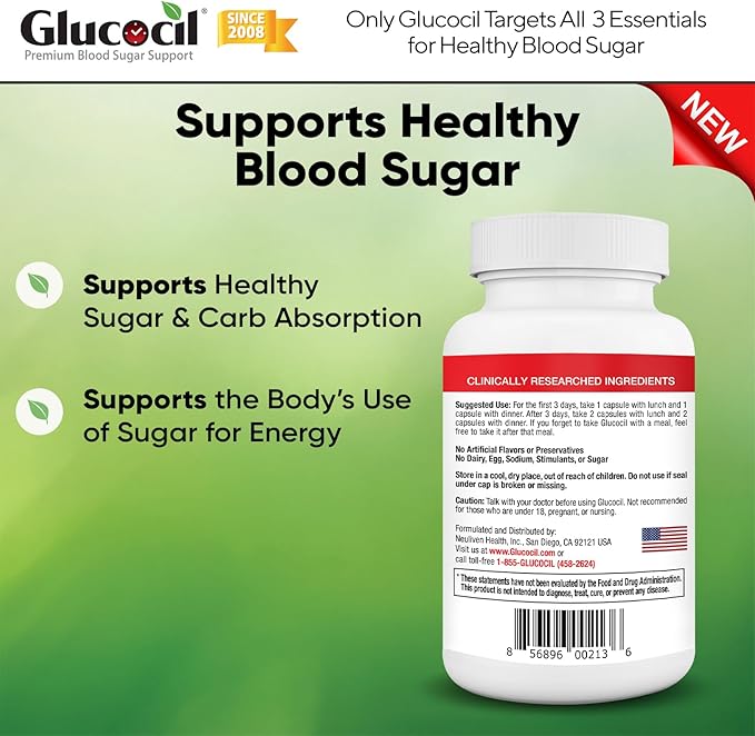 Glucocil – Vegetarian Capsules - Premium Blood Sugar Support - Supports the 3 Essentials for Healthy Blood Sugar - with Berberine Proprietary Mulberry Leaf and More