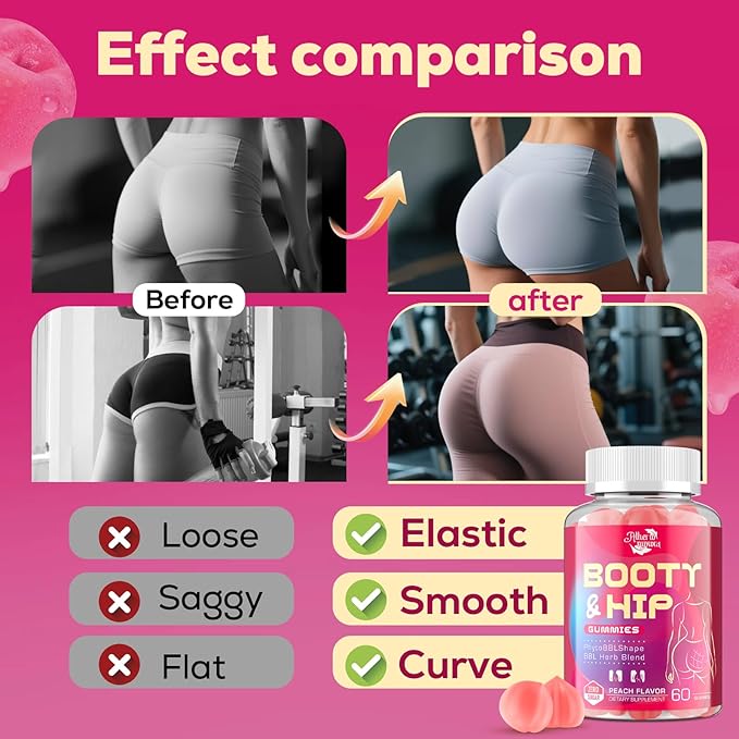 Booty Gummies for Women - BBL Gummies with Bovine Collagen Peptides - Herbal Blend with Aguaje Fenugreek Kwao Krua Wild Yam Blessed Thistle Vitamin C &amp Zinc - Delicious Peach Flavor