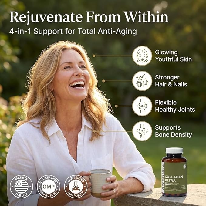 Offernova Collagen Ultra Hydrolyzed Collagen Supplements - 3000mg Anti Aging Bovine Collagen Peptides for Healthy Joints Bones Hair and Skin. Pastilla de Colageno Hidrolizado 90 Capsules
