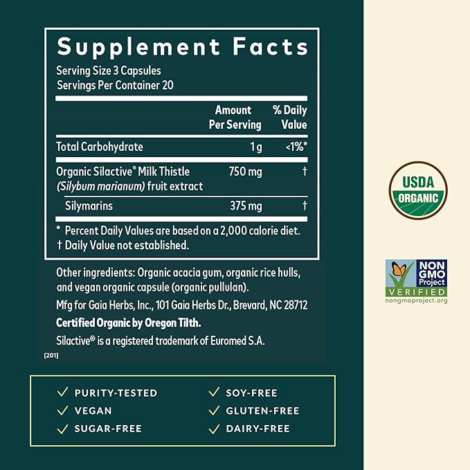 Gaia Herbs Milk Thistle - Liver Supplement &amp Cleanse Support for Helping to Maintain Healthy Liver Function* - 60 Vegan Capsules (20 Servings)