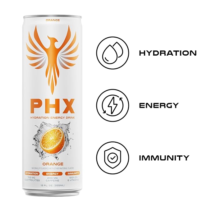 PHX Hydration Energy Drink - 700mg Electrolytes 200mg Natural Green Tea Caffeine 100% Daily Value 8 Essential Vitamins - 12 oz Cans (12 Pack) (12 Pack Variety Pack)