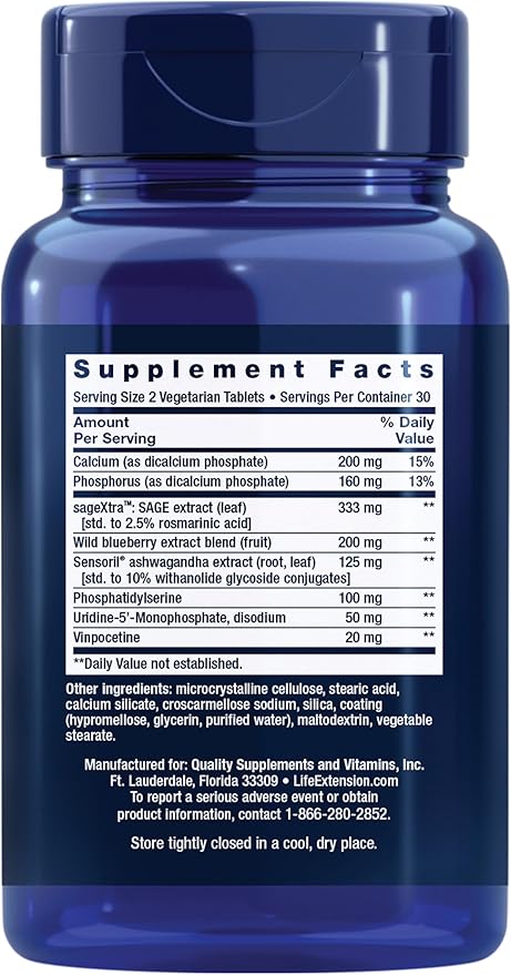 Life Extension Cognitex® Elite sage Blueberry ashwagandha phosphatidylserine vinpocetine Attention Focus Mood &amp Memory Gluten-Free Non-GMO Vegetarian 60 Tablets