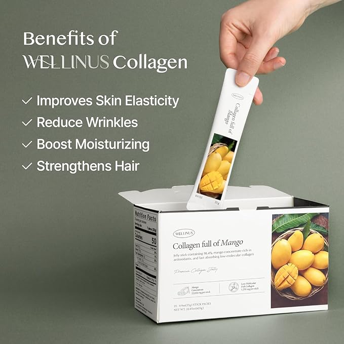 Korean Collagen Jelly Sticks - 25 Mango Flavored Marine Collagen Peptide Snacks for Anti-Aging- Collagen Protein Sugar-Free Travel Packs for Hair &amp Nail Strength