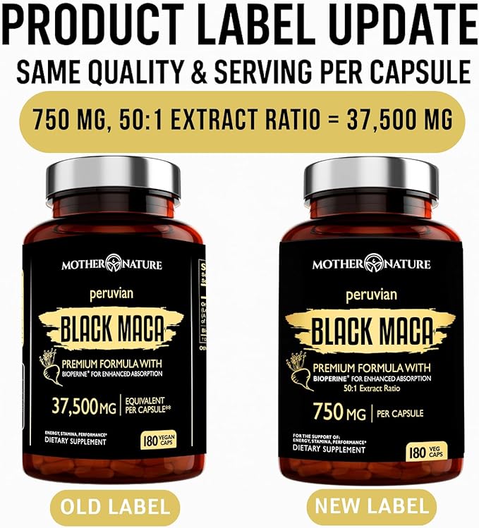 Black Maca Root 50:1 Extract 37500mg – 180 Capsules Organic Peruvian Maca Peruana Supplement for Men | High Potency Energy Mood &amp Performance Support | Vegan Non-GMO