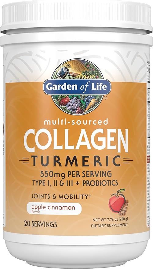 Garden of Life Multi-Sourced Collagen Peptides + Turmeric Powder - Apple Cinnamon 20 Servings for Women Men Joints Mobility Hydrolyzed Collagen Protein Powder Supplements