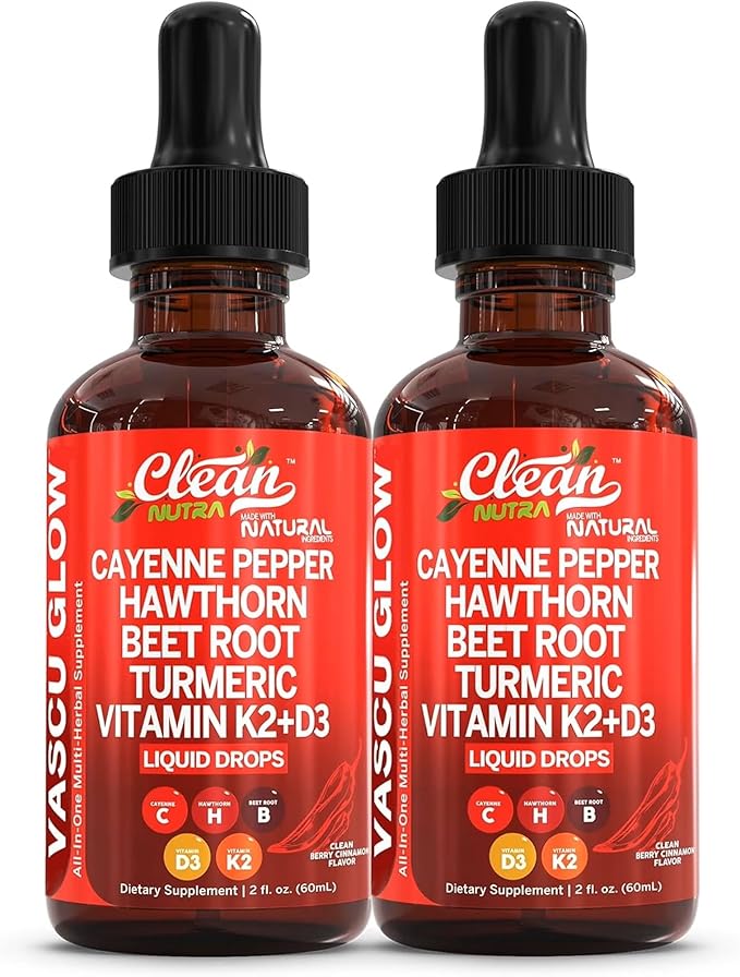 Clean Nutra Cayenne Pepper Drops Supplement Liquid + Hawthorn Berry Vitamin D3 K2 Beet Root Powder Ceylon Cinnamon Turmeric Curcumin Organic Panax Ginseng Berberine Extract Organic (2)