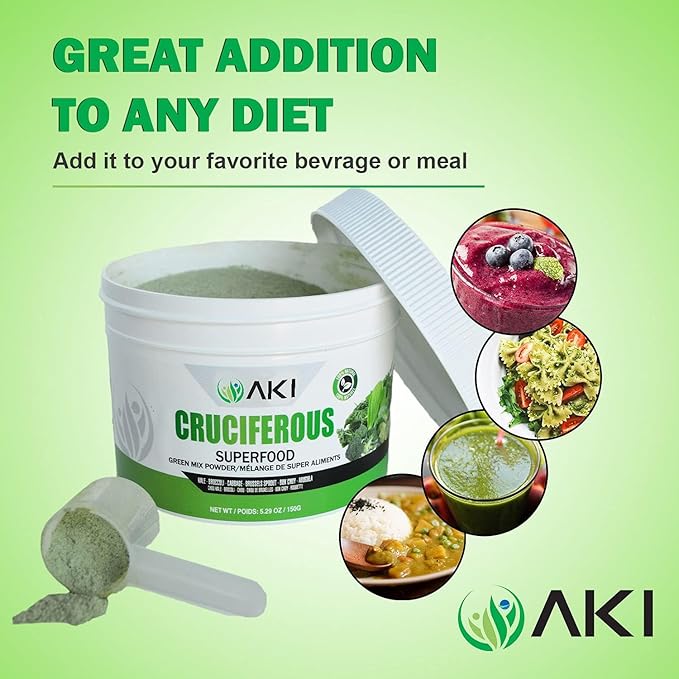AKI Cruciferous Superfood Green Mix Powder - Made from Kale Broccoli Brussels Sprouts Cabbage - Packed with Essential Phytonutrients &amp Vitamins ((5.3oz/150g))