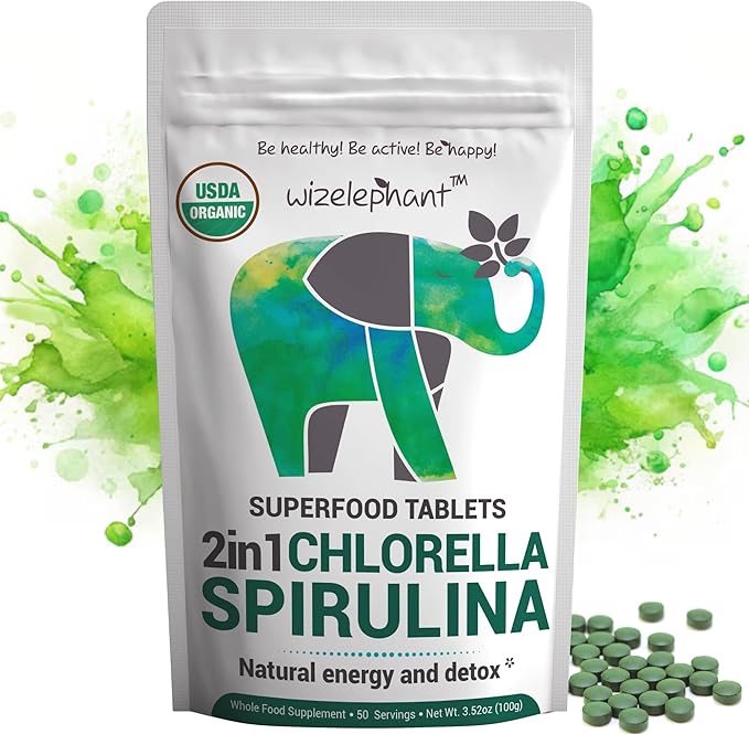 Organic Spirulina Chlorella Tablets - 50 Servings - 2-in-1 Superfood Algae Supplement for Natural Immune Support Detox and Energy Boost. Broken Cell Wall. Organic Chlorophyll. Espirulina