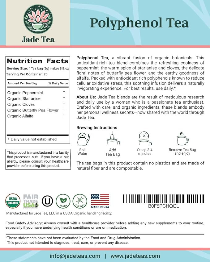Jade Tea - Organic Polyphenol Tea - Peppermint Leaf Star Anise Clove &amp Butterfly Pea Flower - Antioxidant Rich for Inflammation Support - 25 Count (Pack of 1) - Made In USA