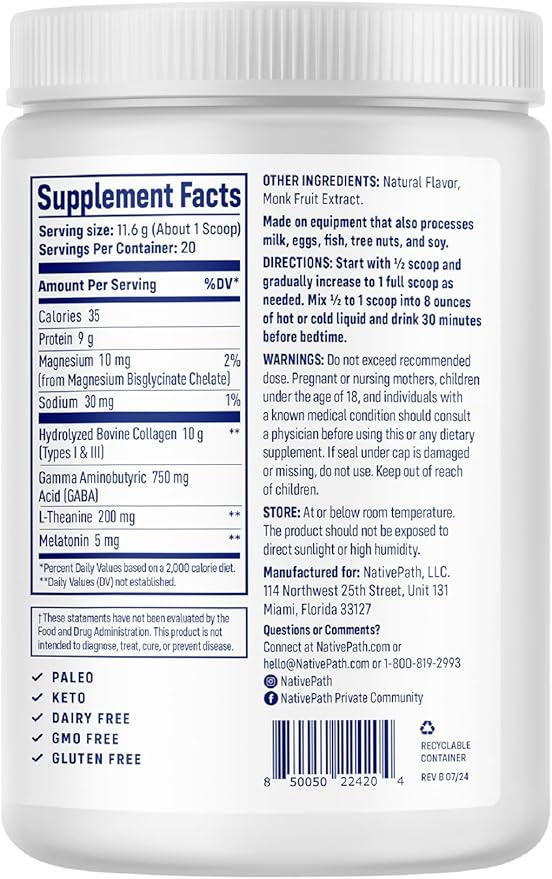 NativePath Collagen PM Sleep Powder Lemon - Melatonin Magnesium GABA &amp L-Theanine with 10g Grass-Fed Collagen - 20 Servings Nighttime Recovery Drink