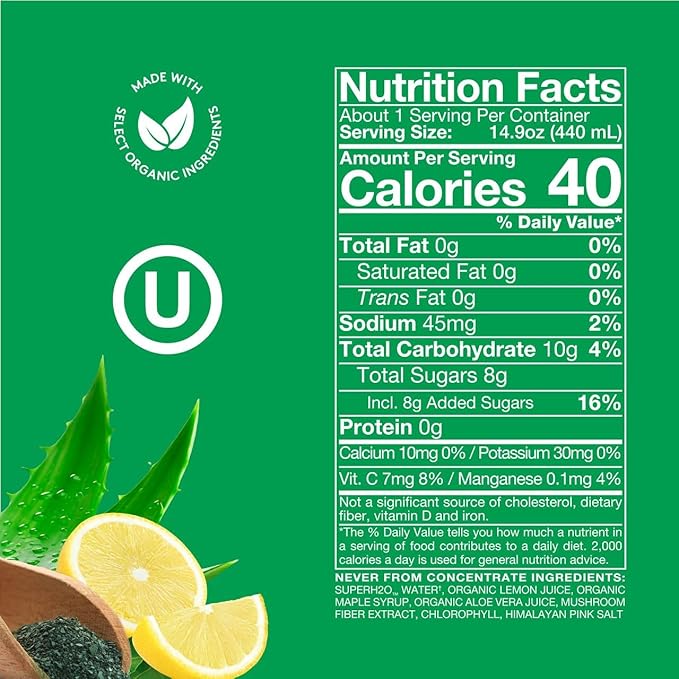 Organic SuperAde Hydration Drink Digestive and Skin Health SuperFood Lemonade by Sol-ti Cold-Pressed Chlorophyll Aloe and Lemon Juice Blend 16 Pack (14.9 Fl oz)