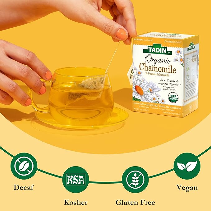 Tadin Organic Chamomile Tea Caffeine Free Herbal Tea to Eases Tension and Support Digestion 20 Tea Bags Per Box Pack of 6