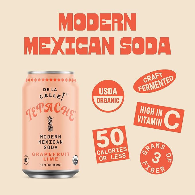 De La Calle Tepache - Grapefruit Lime - Modern Mexican Soda - Craft Fermented Pineapple Sparkling Beverage - Certified Organic Antioxidant Rich Non-Alcoholic Healthy Soda Low Sugar Low Calorie N