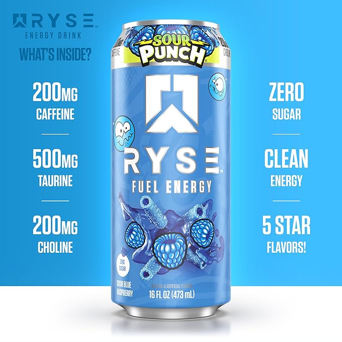 RYSE Fuel Energy Drink - Sour Punch Blue Raspberry - Sugar Free Gluten Free &amp Vegan - 200mg Natural Caffeine Taurine &amp Choline for Focus &amp Energy - No Artificial Colors - 16 fl oz Cans (