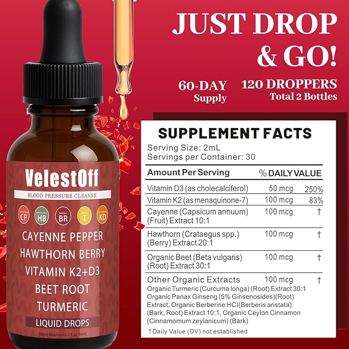 Velestoff Cayenne Pepper - Cayenne Pepper Drops Liquid Supplement with Organic Hawthorn Beet Root Turmeric Vitamin K2 D3