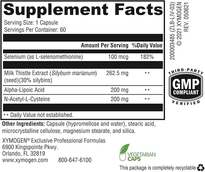 XYMOGEN Liver Protect - Supports Liver Health + Glutathione Production - Milk Thistle Extract ALA Alpha-Lipoic Acid N-Acetyl-L-Cysteine Selenium L-Selenomethionine (60 Capsules)