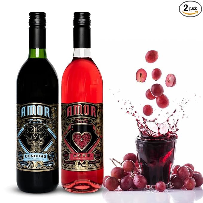 Amor Vines: Rosé &amp Unfiltered Concord Grape Juices - 100% Pure Non-Alcoholic No Water Added Preservative-Free – 750ml Glass Bottles (Pack of 2)