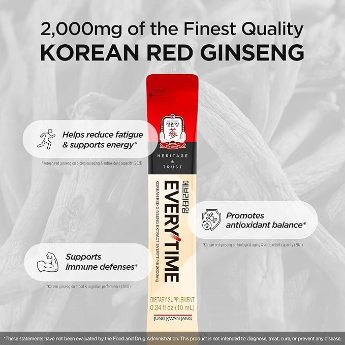 JUNG KWAN JANG Everytime Korean Red Ginseng Extract 2000mg - Liquid Stick Supplements with Propolis &amp Adaptogen - Energy Boost &amp Immune Support Natural &amp Healthy Energy Drinks (10 Sticks