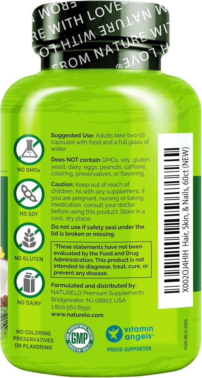 NATURELO Hair Skin and Nails Vitamins - 5000 mcg Biotin Collagen Natural Vitamin E - Supplement for Healthy Skin Hair Growth for Women and Men – 60 Capsules