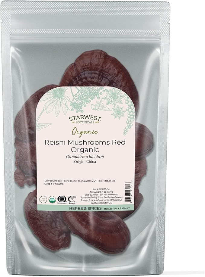 Starwest Botanicals Red Reishi Mushrooms Whole Organic - Dried Reishi Mushrooms for Herbal Tea &amp Cooking Ganoderma Lucidum Certified Kosher Non-GMO - 4 oz Pouch