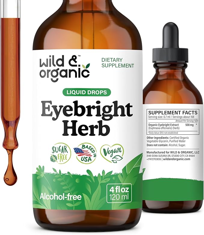 Wild &amp Organic Eyebright Herb Tincture - Vision Support with Euphrasia Extract - Dietary Eyebright Drops 500 mg - Vegan Sugar &amp Alcohol-Free Liquid Supplement - 4 fl oz