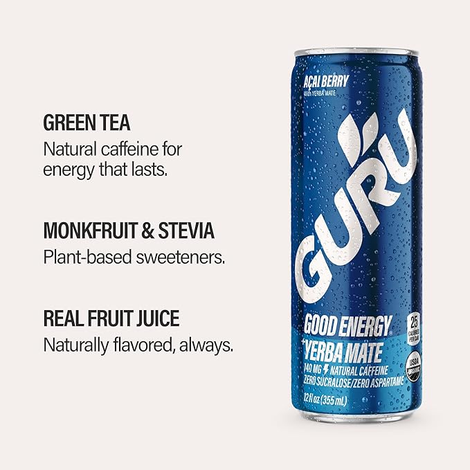 GURU Yerba Mate Organic Energy Drinks Clean Energy Drink with Plant Based Natural Caffeine from Green Tea Low Calorie Gluten Free 140mg Caffeine Healthy Drinks Acai Berry 12oz (Pack of 24)