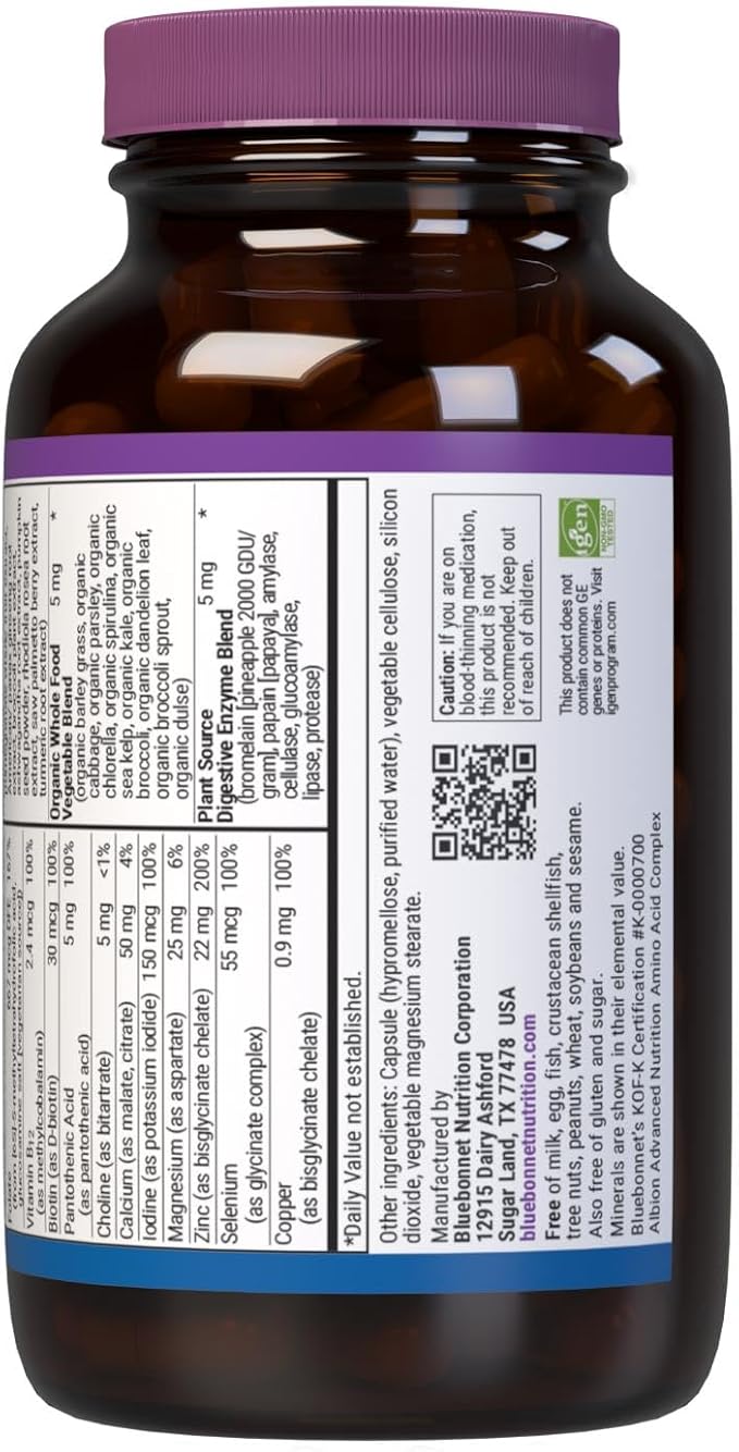 Bluebonnet Nutrition One for Men Whole Food-Based Multiple Daily Nutrition* Non-GMO Vegetarian Friendly Kosher Gluten-Free Soy-Free Dairy-Free Iron Free 60 Vegetable Capsules 60 Servings