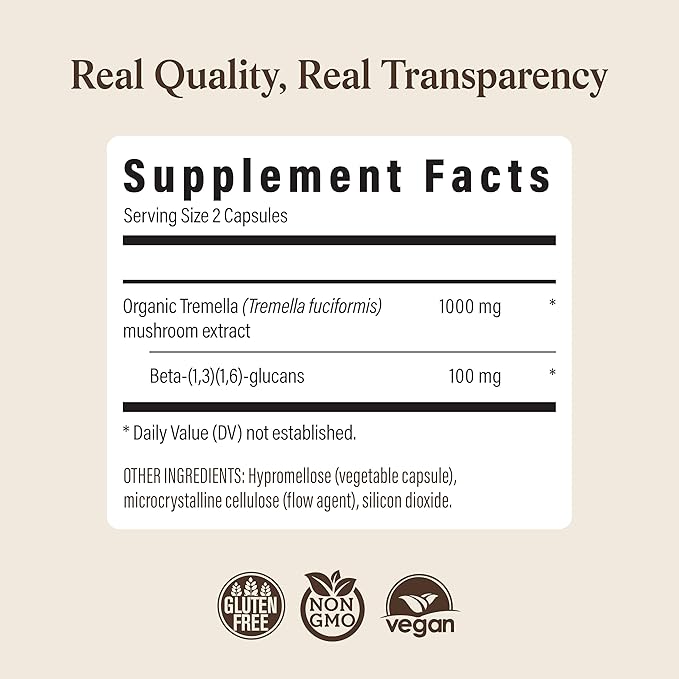 Real Mushrooms Tremella Mushroom Capsules – Organic Tremella Extract from Fruiting Body – Vegan Non-GMO No Fillers – for Daily Wellness Routine – 300 Count Mushroom Blend Supplements