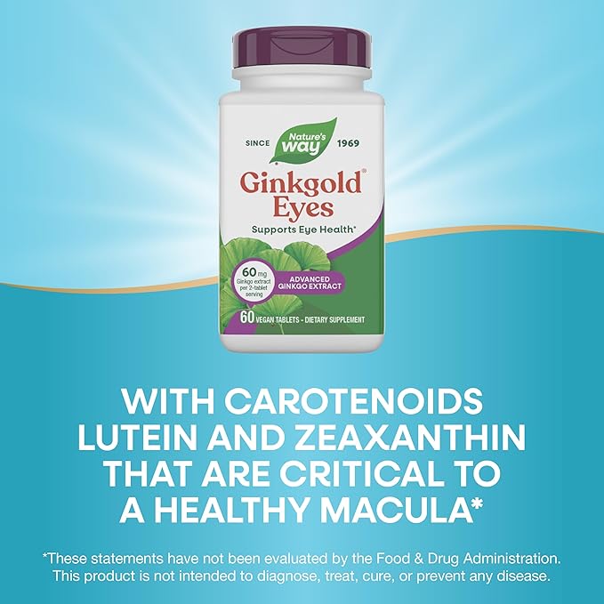 Nature's Way Ginkgold Eyes Gingko Biloba Supplements for Adults Supports Eye Health* Gluten Free 60mg Ginkgo Biloba Extract Per 2-Tablet Serving 60 Tablets (Packaging May Vary)
