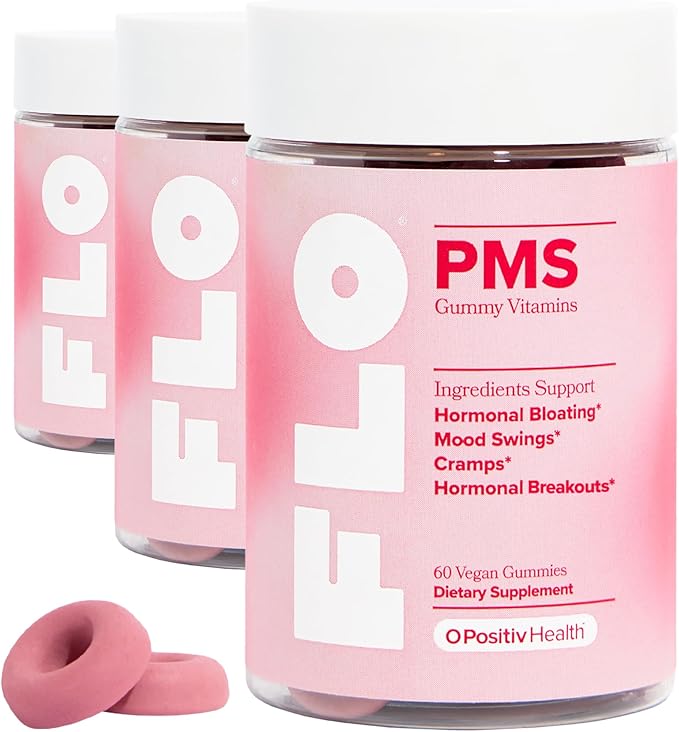 O Positiv FLO PMS Gummies for Women 30 Servings (Pack of 3) - Proactive PMS Relief - Targets Hormonal Breakouts Bloating Cramps &amp Mood Swings with Chasteberry Vitamin B6 &amp Lemon Balm