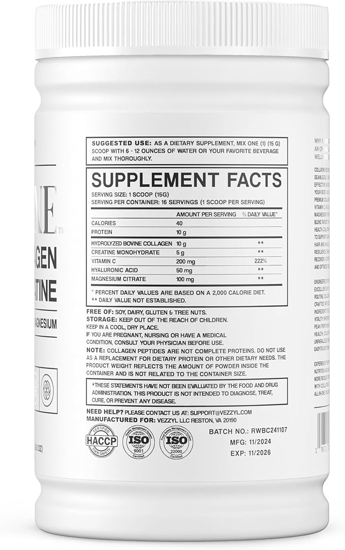 Collatine - Premium Collagen Peptides + Creatine with Vitamin C Hyaluronic Acid and Magnesium for Skin Hair Nails Bone &amp Joint Muscle Immune and Cognitive Aid (.55 LB (250 G/8.8 OZ)