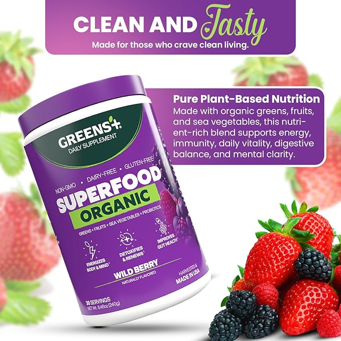 Greens+ Organic Wild Berry Superfood Powder Antioxidant Polyphenol Blend for Morning Kick Energy Vitality Boost Nutrition Vibrant Health Dietary Supplement Vegan Soy/Dairy/Gluten Free(8.46oz)