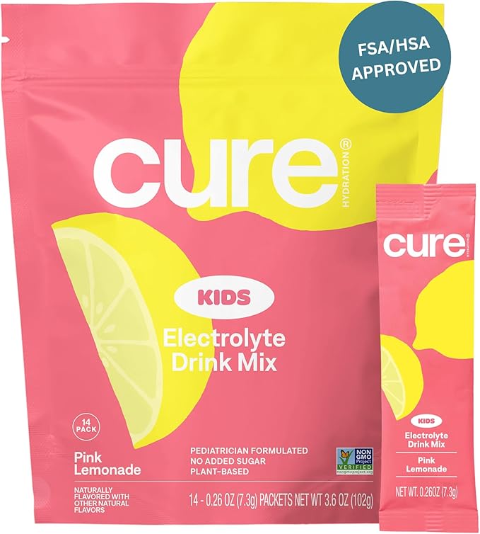 Cure Hydration - Kids Electrolyte Drink Mix | Plant-Based Pediatrician Formulated Rehydration | No Added Sugar FSA-HSA Non-GMO Gluten-Free No Artificial Flavors | 14 Packets - Pink Lemonade