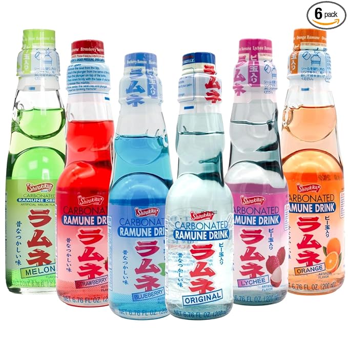 UNHA'S ASIAN SNACK BOX Ramune Japanese Marble Soda Variety Pack - Multiple Flavors - Original Strawberry Blueberry Melon Lychee and Orange Japanese Drink Gift Box (6 Count)