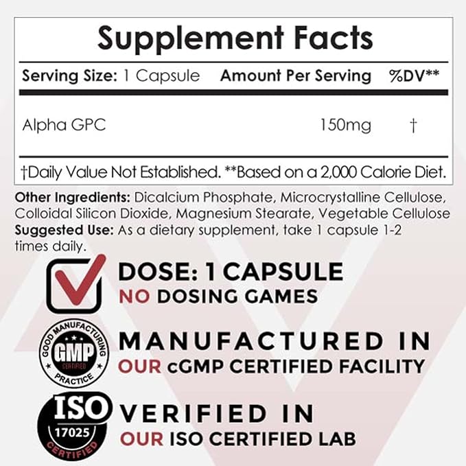 Nootropics Depot Alpha GPC Capsules | 150mg | 180 Count | Cholinergic Supplement | Brain Health Supplement | Supports Healthy Brain Function | Enhance Cognition Memory + Focus