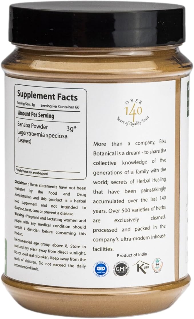 bixa BOTANICAL Ayurvedic Natural Herbal Supplement Banaba Leaf Powder Pure Authentic Premium Quality (Lagerstroemia speciosa) 7 Oz (200g) Natural Antioxidants