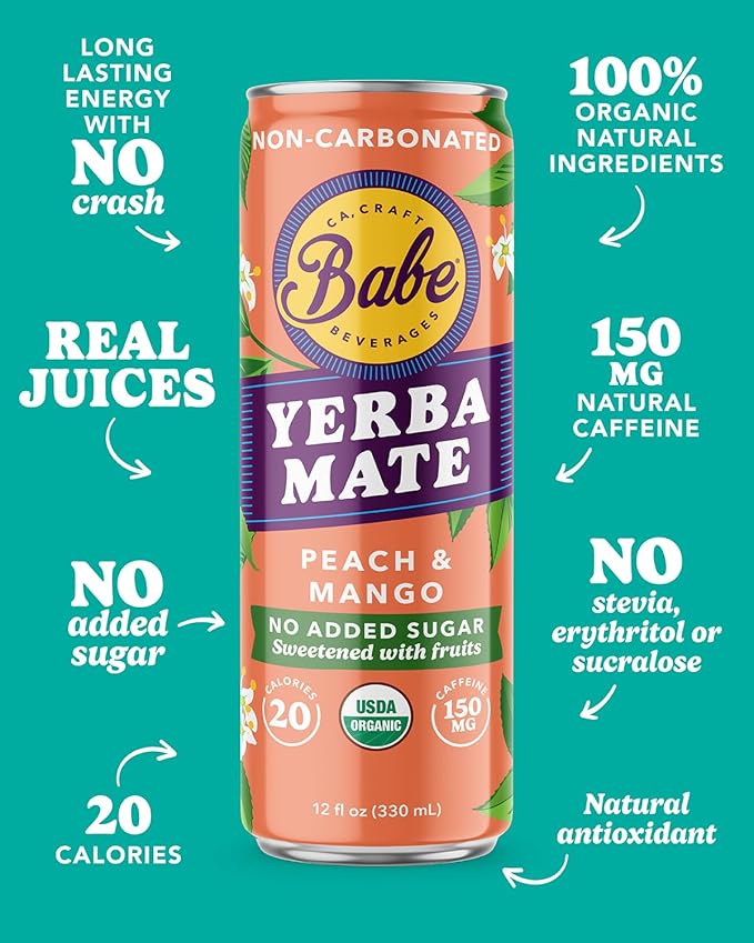 Babe Organic Yerba Mate Energy Drinks | 150mg Plant-Based Caffeine | Natural Yerba Mate Tea with No Crash No Jitters - Peach &amp Mango Zero Sugar (12 x 12oz Cans)