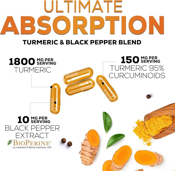 Turmeric Curcumin Supplement 95% Curcuminoids - 1800mg Organic Turmeric Per Serving - BioPerine Black Pepper Extract for Best Absorption Natural Joint Support Non-GMO Bottled in USA - 240 Capsules