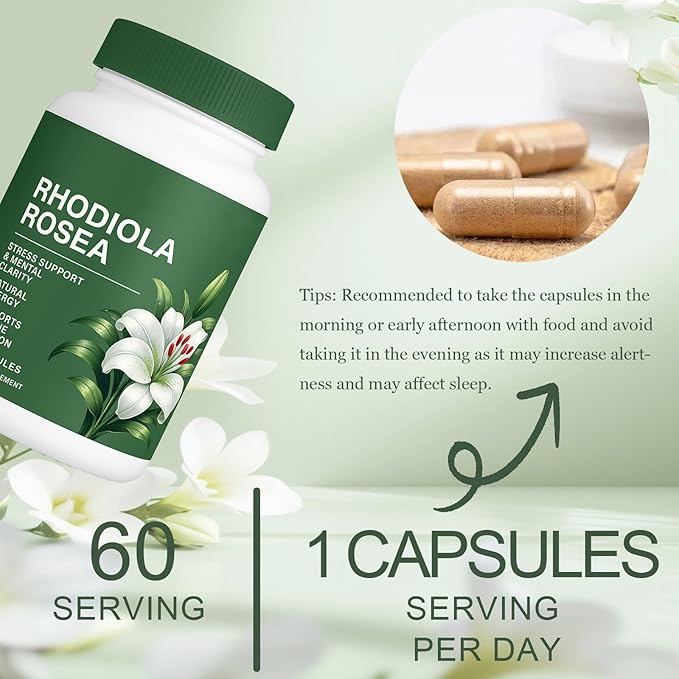 Raipult Rhodiola Rosea Capsules | 500mg Rhodiola Rosea Extract Supplement for Stress Support Mental Focus &amp Energy Immune Function Non-GMO 60 Capsules (1)