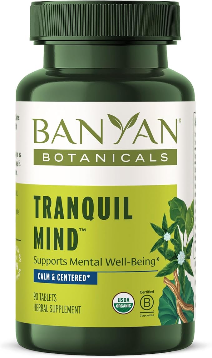 Banyan Botanicals Organic Tranquil Mind – Nervous System Support &amp Physical Relaxation Supplement – with Skullcap Passionflower &amp Gotu Kola – Non-Drowsy Systemic Grounding – 90 Tablets – USDA