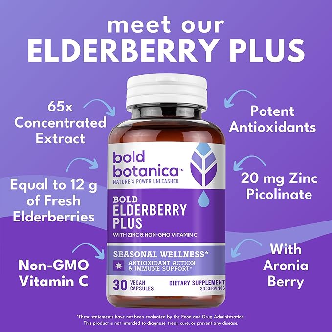 Bold Botanica Elderberry Plus – 65x Concentrated Black Elderberry Capsules with Vitamin C and Zinc for Adults for Daily Immune Support Supplement &amp Seasonal Wellness Non-GMO – 30 Vegan Capsules